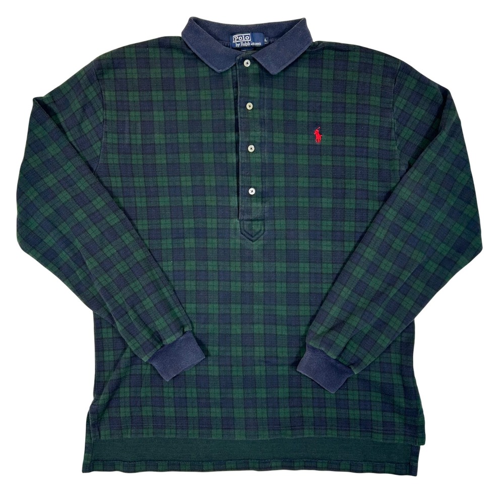 Polo Ralph Lauren Mens Large Black Watch Plaid Long Sleeve Polo Shirt Green Navy